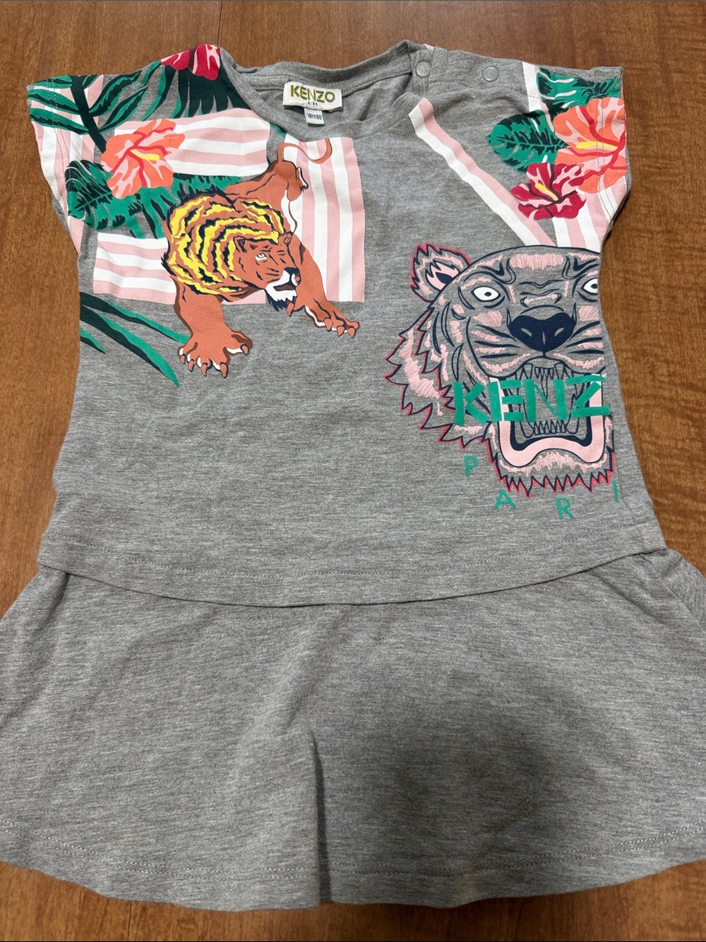Kenzo Gray Tee Dress with Pink, Green & Orange Graphic Tigers